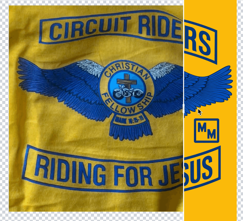 Animated before-and-after slider showing Ultra Max reconstructing printed shirt artwork into a clean design file.