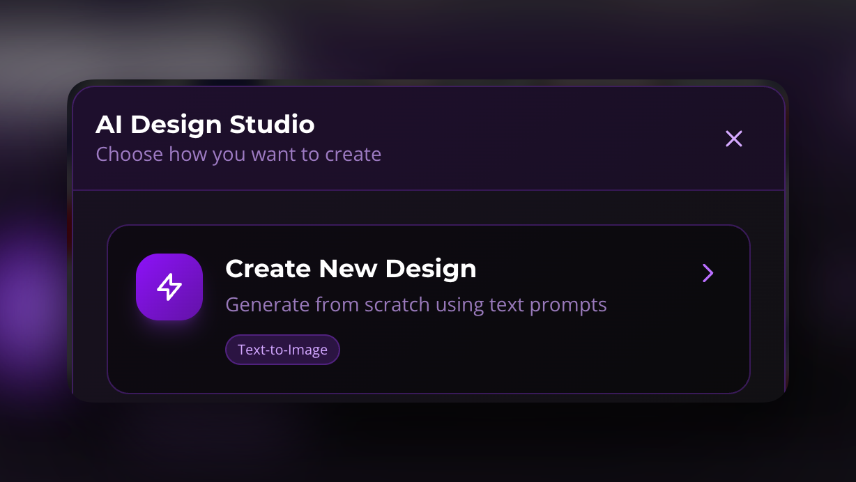 Create New Design interface showing prompt input, reference upload, and suggested prompts