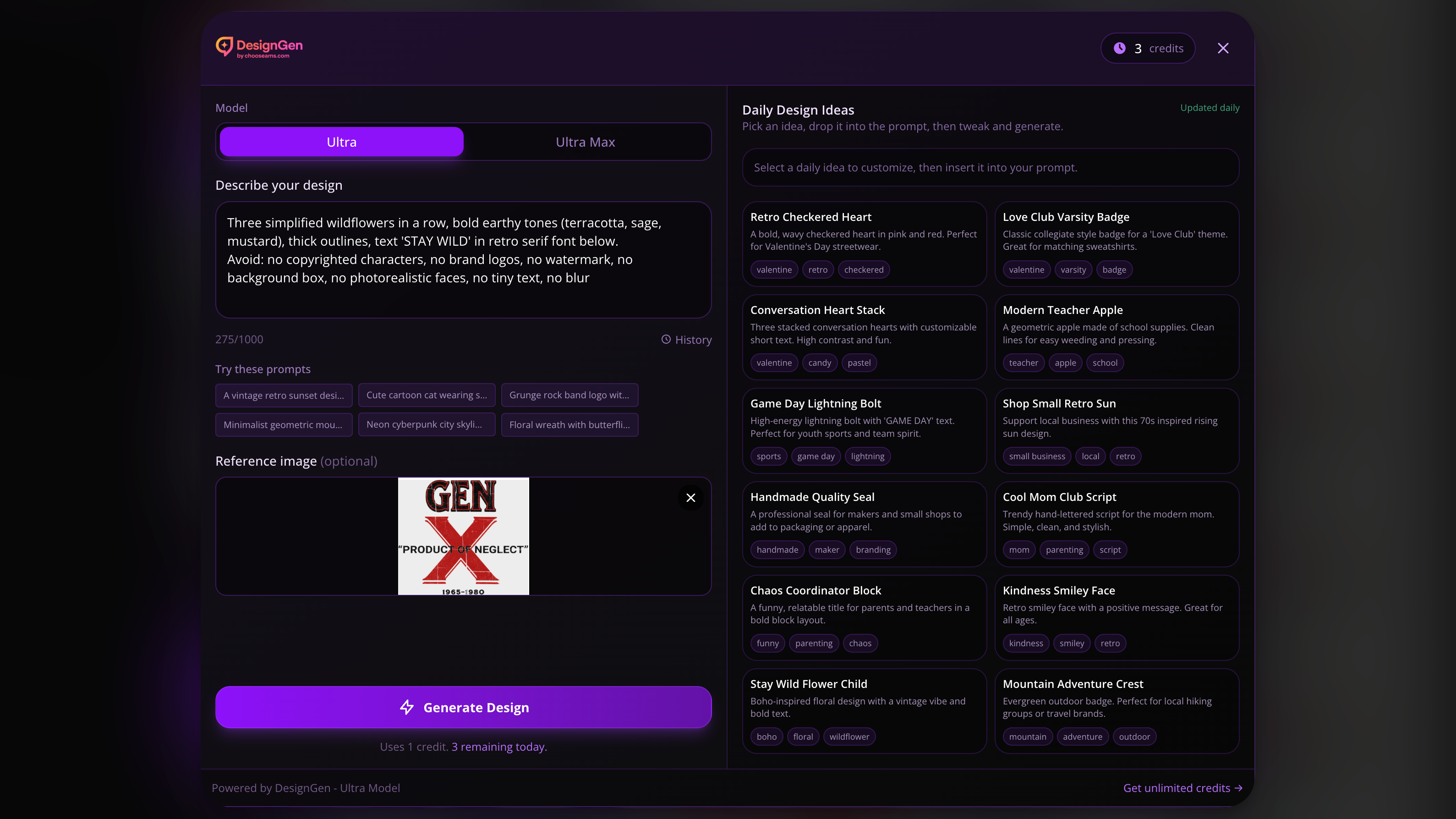 AI Design Studio modal showing Create New Design and Screenshot to Design options