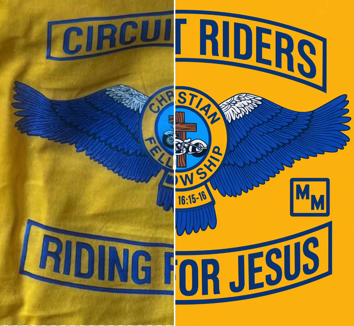 Before-and-after comparison showing a blurry shirt-print screenshot on the left and the restored print-ready artwork on the right.