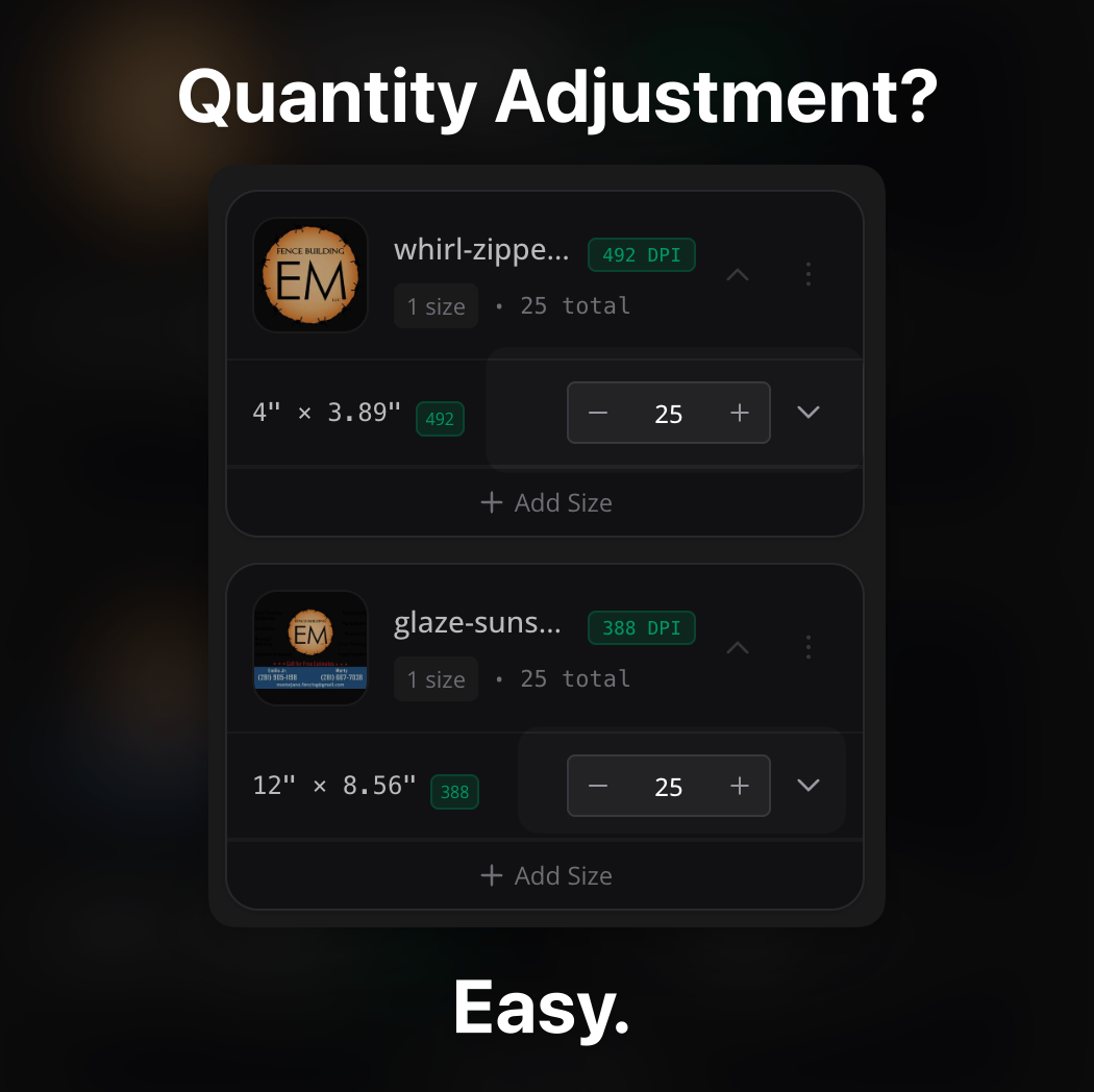 Easy quantity controls for gang sheet designs
